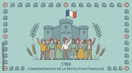 Historical reenactment group in 18th century costumes at French Revolution commemoration event with vintage architecture and flags