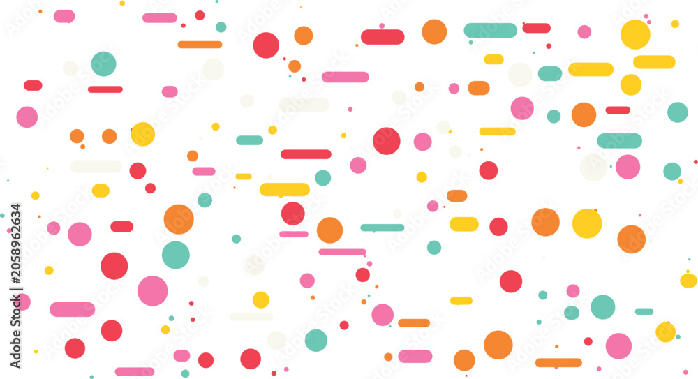 Obraz premium Colorful Memphis Style Abstract Geometric Confetti Pattern with Circles and Rounded Shapes