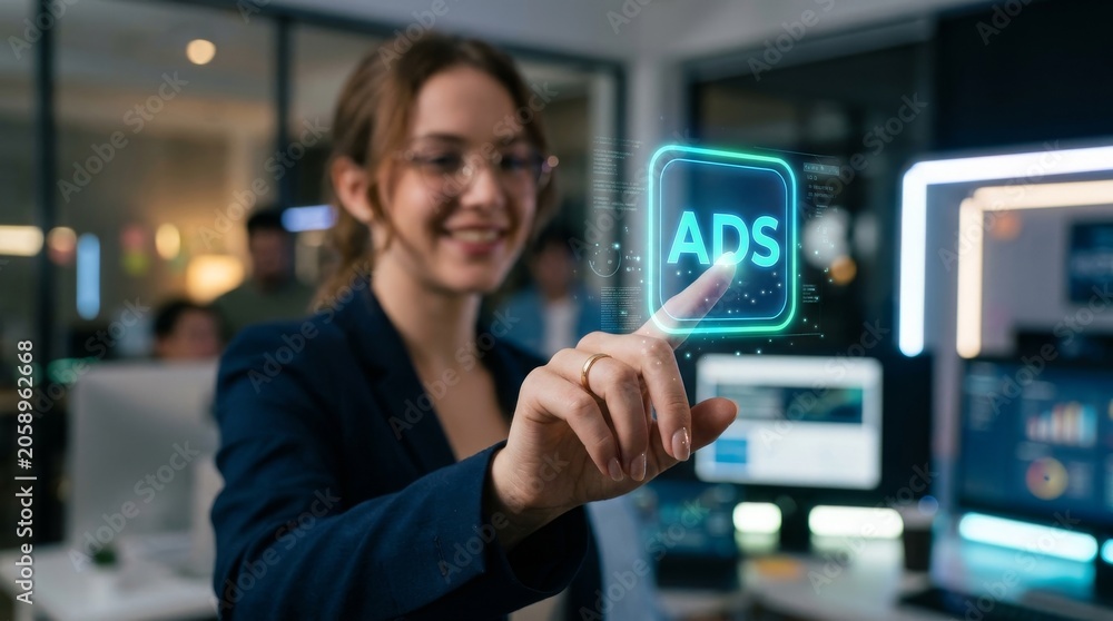 Fototapeta premium Businesswoman interacting with digital ads button in office