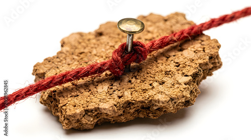 A red string is tied in a knot around a thumbtack pushed through a piece of cork, symbolizing connection and fixation in a studio shot.
