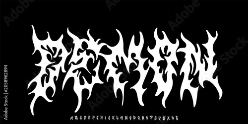 Photos Demon Font is a Modern death metal logo font with sharp chaotic spikes, aggressive shapes, and extreme style for band logos and brutal designs