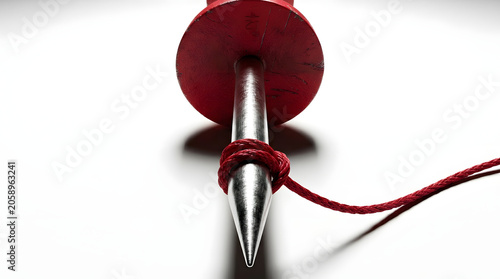 A close-up, low-angle shot showcases a sharp, metallic spike piercing a red disc, with a red cord intricately knotted around the spike. The lighting creates dramatic shadows.