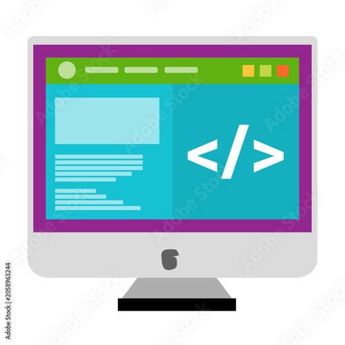 Desktop Computer with Web Development and Coding Concept Flat Vector