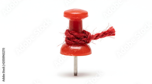 A vibrant red thumbtack, symbolizing an important reminder or task, is sharply focused with a small piece of twine tied around its neck for emphasis.
