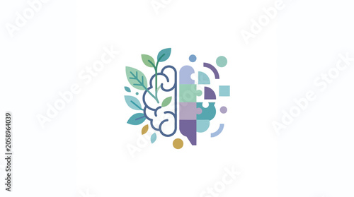 Abstract Brain Illustration with Nature and Technology Integration