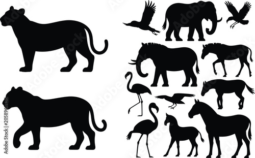 Canvas Print Set of black animal silhouettes including safari wildlife such as lions elephant