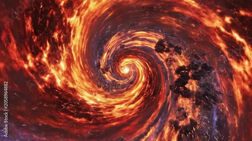 Fiery swirling vortex fills the frame with glowing embers and smoke, dramatic abstract space like scene suggests chaos and power, ideal for fantasy and sci fi themes