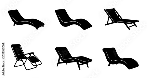 Schilderij op canvas Set of 6 Black Silhouette Chaise Lounges, Outdoor Furniture Icons, Relaxation Se