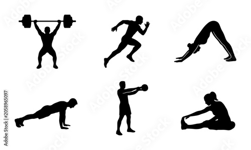 Konstfotografi Fitness Silhouette Icons Set: Weightlifting, Running, Yoga, Push-ups, Kettlebell