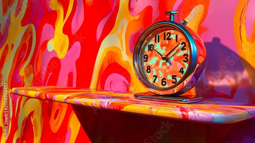 Alarm clock with a cat-eye shape Close-up of the curved plastic casing, vibrant yellow color, subtle light reflection on the face.