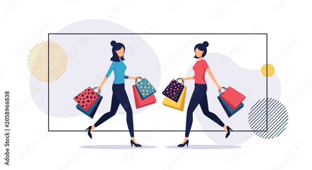 Fototapeta premium Two stylish young women walking and carrying multiple colorful shopping bags after a successful day at the mall or retail store.