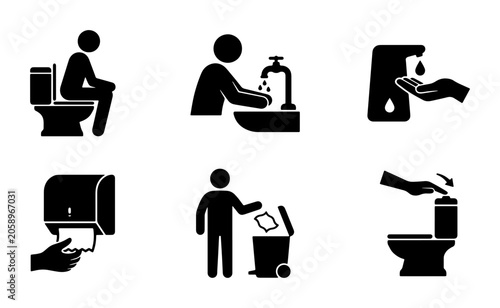 Hygiene Icons Set: Toilet Use, Hand Washing, Sanitizer Dispenser, Paper Towel, Waste Disposal, Toilet Flush, Vector Graphics for Health and Safety