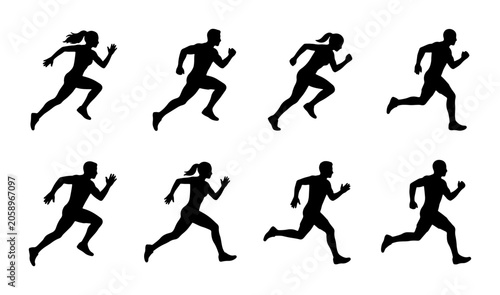 Running Silhouettes Collection, Male and Female Athletes in Motion, Sprinting Figures, Athletic Poses, Vector Graphics for Fitness and Sports Concepts