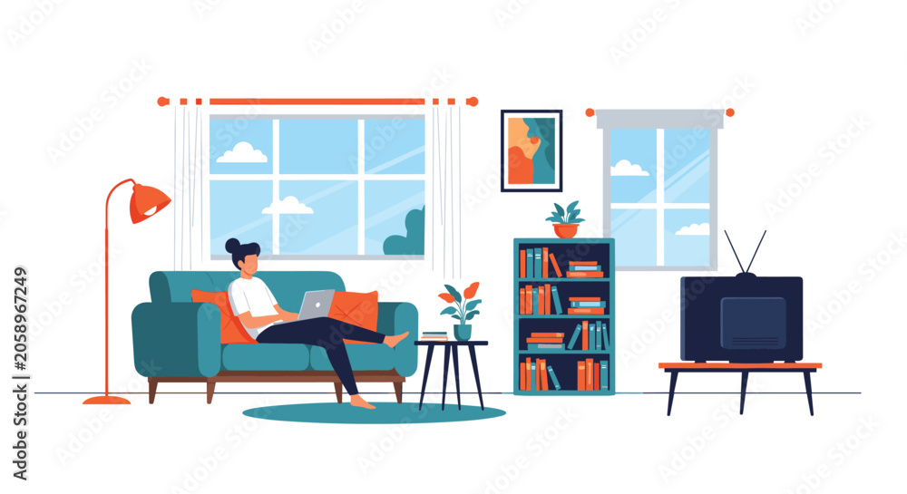 Fototapeta premium Young woman relaxing on a comfortable sofa while working on her laptop in a cozy living room with a bookshelf and TV.
