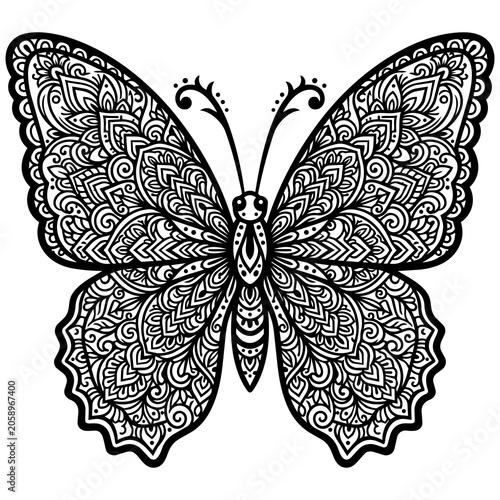 Butterfly illustration showcases elaborate decorative patterns filling the wings in a striking monochrome style.