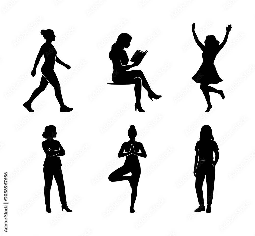 Obraz premium Diverse Female Silhouettes Collection, Six Vector Poses for Lifestyle and Wellness Graphics, Black and White Human Figures