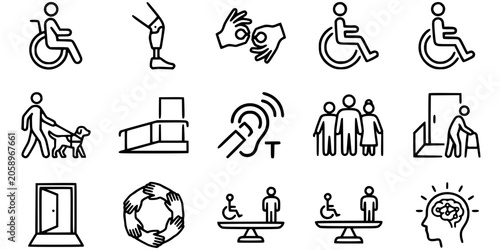 Set of linear icons representing disability accessibility inclusion and social diversity rights awareness
