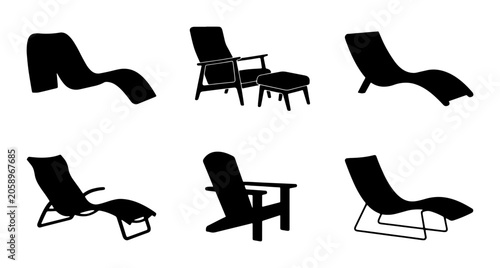 Fotografía Outdoor Lounge Chair Silhouettes, Patio Furniture Collection, Beach Recliners, D