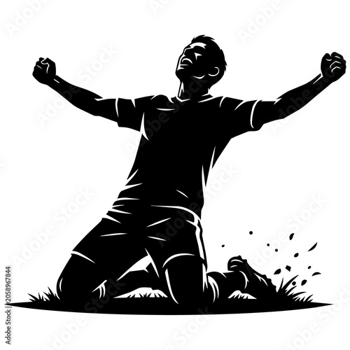 Soccer player silhouette celebrates a triumphant victory while kneeling on the grassy field.