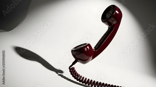 A vintage red telephone handset hangs suspended, casting a long, dramatic shadow on a plain surface, evoking a sense of retro communication and mystery.