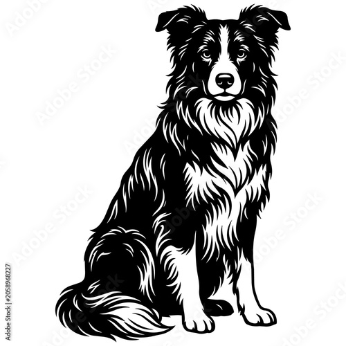 Border Collie dog sits patiently while displaying thick fur and a focused expression in this monochrome graphic design.