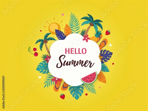 Hello summer background with tropical palm leaves, watermelon, flip flops, sun, and fruits on yellow background