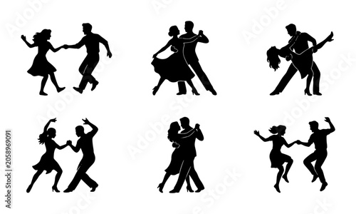 Quadro su tela Retro Dance Silhouettes Vector Set, Vintage Couple Dancing Poses, Classic Ballro