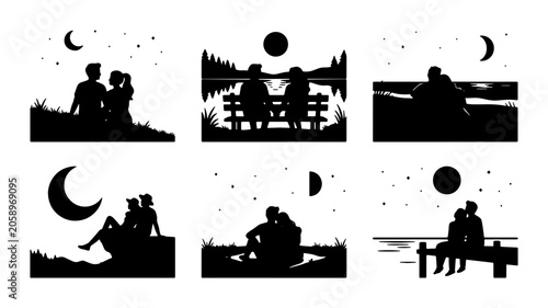 Romantic Couple Silhouettes Collection, Evening Ambiance, Moonlit Scenes, Outdoor Romance Illustrations, 6 Vector Elements