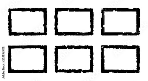 Six Blank Rough Rectangle Frames, Grunge Border Boxes, Empty Text Placeholders, Hand Drawn Outline Shapes for Design Projects, Black and White Graphic Elements