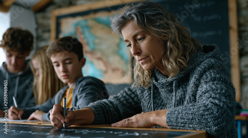 Welsh language teacher writes a dying dialect phrase on a blackboard in a sparse village schoolroom, three teenage students copying carefully, faded historical language map pinned behind her, langua