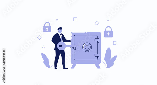 Man in Suit with Key Opens Secure Safe, Illustrating Security, Access, and Financial Safety