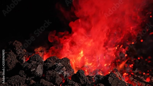 Burning Coal Glowing in Blacksmith Forge with Bursting Sparks and Red Smoke, Close-up