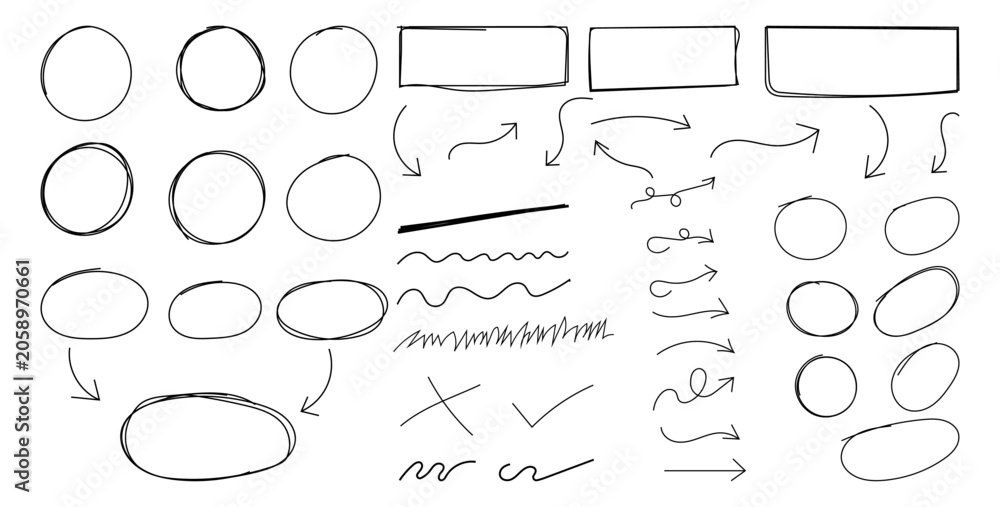 Fototapeta premium Hand Drawn Highlight Elements Set. Scribble Circles, Arrows, Underlines and Check Marks, Doodle Marker. Round oval, circle scribble frame, arrow elements. Vector Illustration