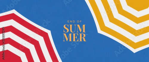 End of summer concept with beach umbrella patterns on a blue background, flat lay top view design