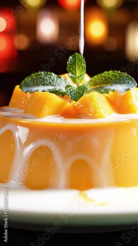 Vertical video: Sweet milk pouring onto fresh mango pudding topped with diced fruit and mint leaves. Delicious tropical dessert