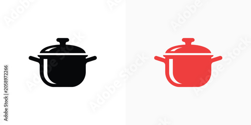 Black and red cooking pot icons with lid for culinary branding