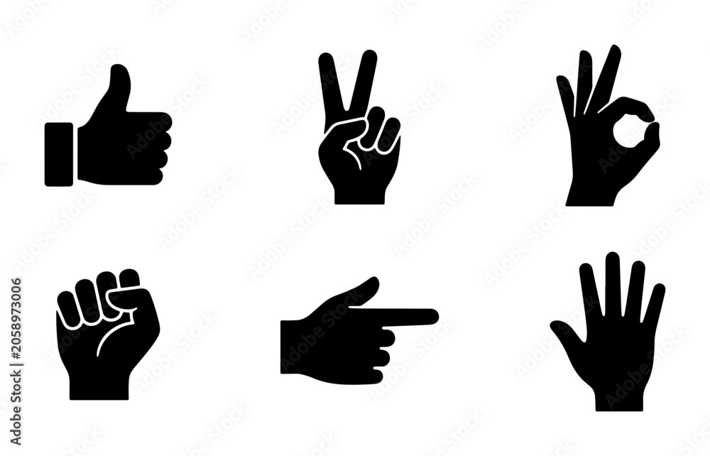 Fototapeta premium Set of 6 Black Hand Gestures Icons, Vector Graphics for Communication and Approval, Simple Silhouette Symbols