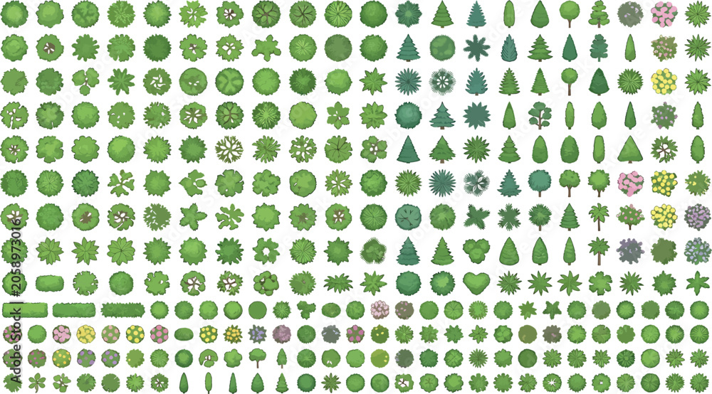 Naklejka premium Set of top view trees, shrubs and bushes isolated on white background