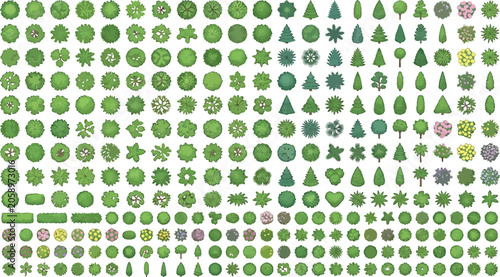 Canvastavla Set of top view trees, shrubs and bushes isolated on white background