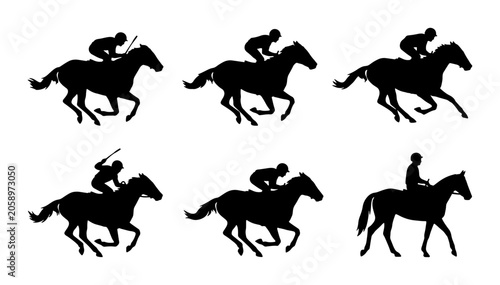 Fotografía Horse Racing Silhouettes Set, Jockey Rider Galloping Action, Equestrian Sport Ve
