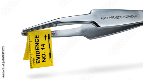 A pair of precision tweezers holds a yellow evidence marker labeled EVIDENCE NO. 14, symbolizing a crucial clue in a forensic investigation.