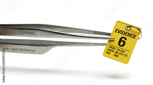 A pair of forensic tweezers carefully holds a bright yellow evidence tag, marked with the number six, in a close-up, well-lit studio shot.