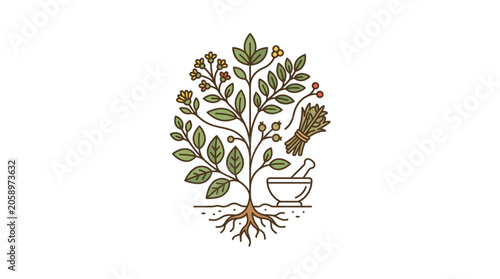 Cuadro en lienzo Herbal plant with roots and mortar pestle illustration.