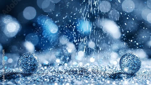 Shiny Blue Glitter Falling Like Snow on Sparkling Spheres with Soft Bokeh Background, Macro Close Up