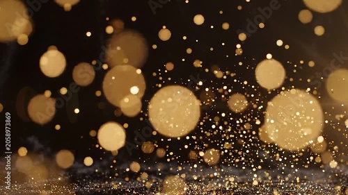 Golden Glitter Particles and Bokeh Shimmering on Solid Black Background, Slow Motion Abstract Festive Light Overlay