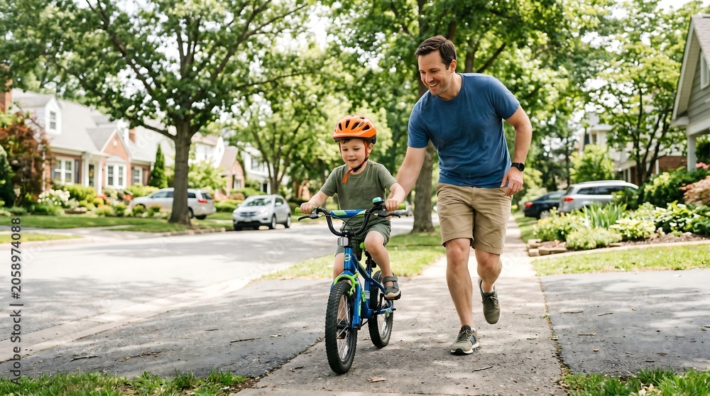 Naklejka premium A man is helping a young boy learn to ride a bike on a sidewalk in a suburban neighborhood with trees and houses