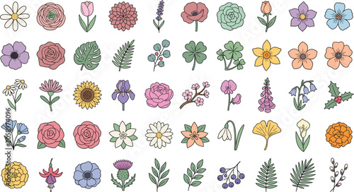 Photography Hand drawn flower vector icon set with pastel spring blossoms wildflower bouquet