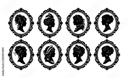 Bild auf Leinwand Elegant Victorian Cameo Silhouettes Collection, Set of 8 Vintage Woman Portraits