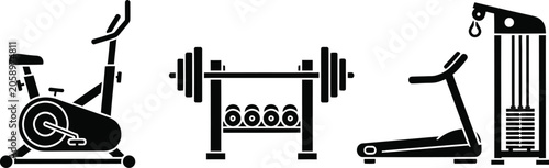 Cuadro en lienzo Gym equipment icons exercise bike dumbbell treadmill