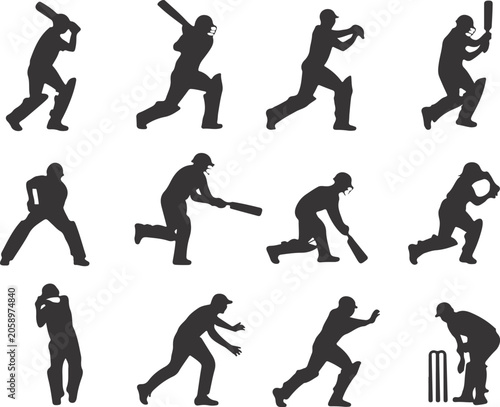 Silhouette Cricket Player Set Vector Collection, Cricket Players in Batting Bowling Fielding Action Poses, Black Sports Silhouette Clipart Isolated on White Background